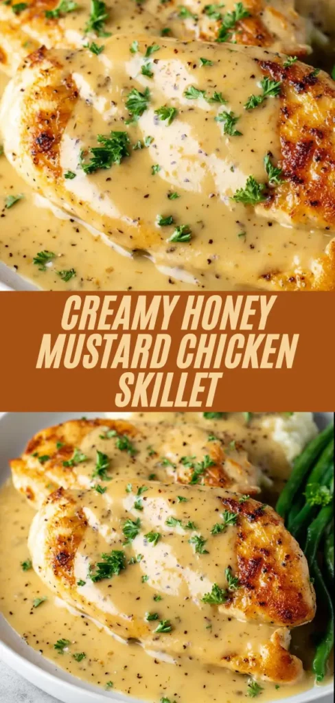 creamy honey mustard chicken breasts with mashed potatoes and green beans on plate, overlaid title text.