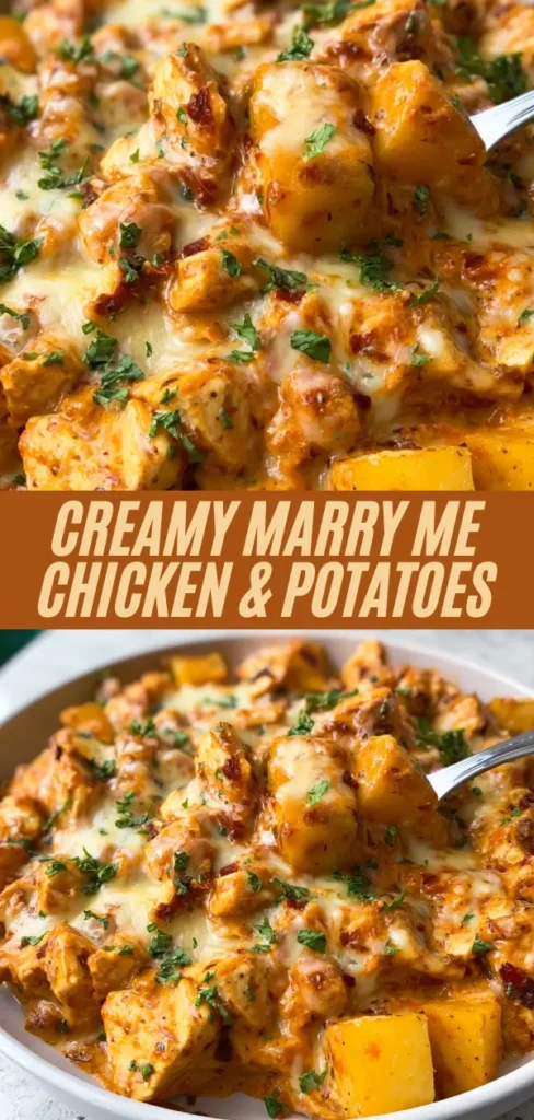 Creamy marry me chicken and potatoes recipe collage showing close-up and full bowl of tender chicken, golden potatoes, sun-dried tomato cream sauce, and melted cheese with parsley