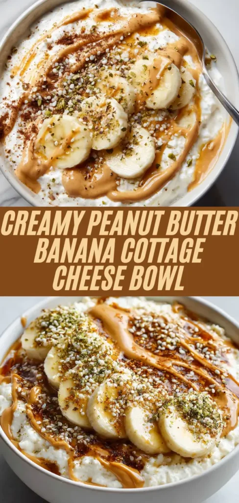 creamy cottage cheese bowls topped with bananas, peanut butter, seeds, cinnamon from multiple angles, overlaid title text