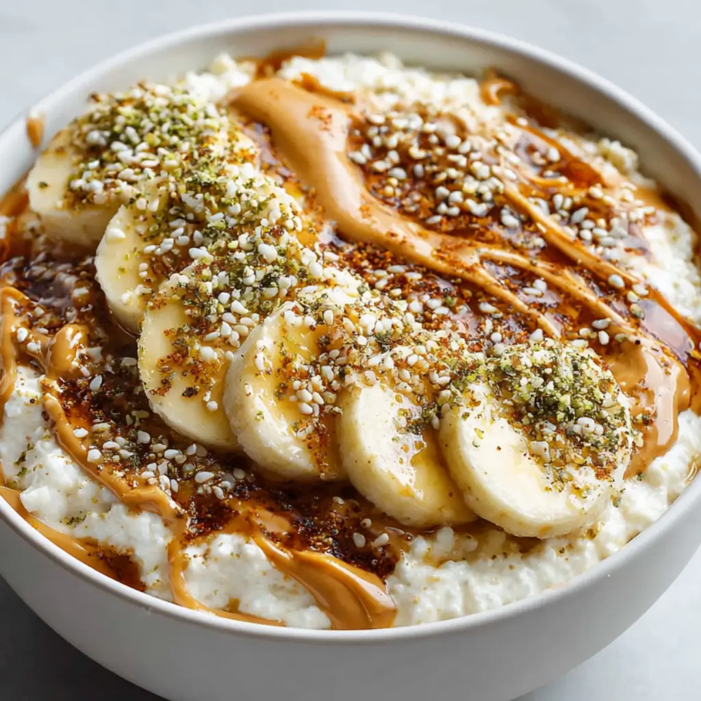 White bowl filled with blended cottage cheese topped with banana slices, peanut butter drizzle, cinnamon dust, hemp seeds, pistachios, spoon in