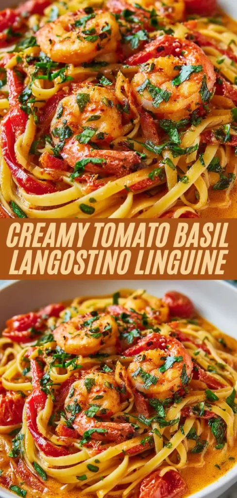 Creamy tomato basil langostino linguine with cherry tomatoes and fresh herbs, recipe text overlay