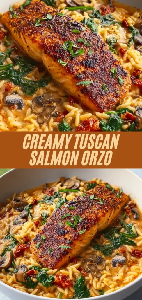 Seared salmon fillet over creamy tuscan orzo pasta with spinach, mushrooms, and sun-dried tomatoes in a white bowl.