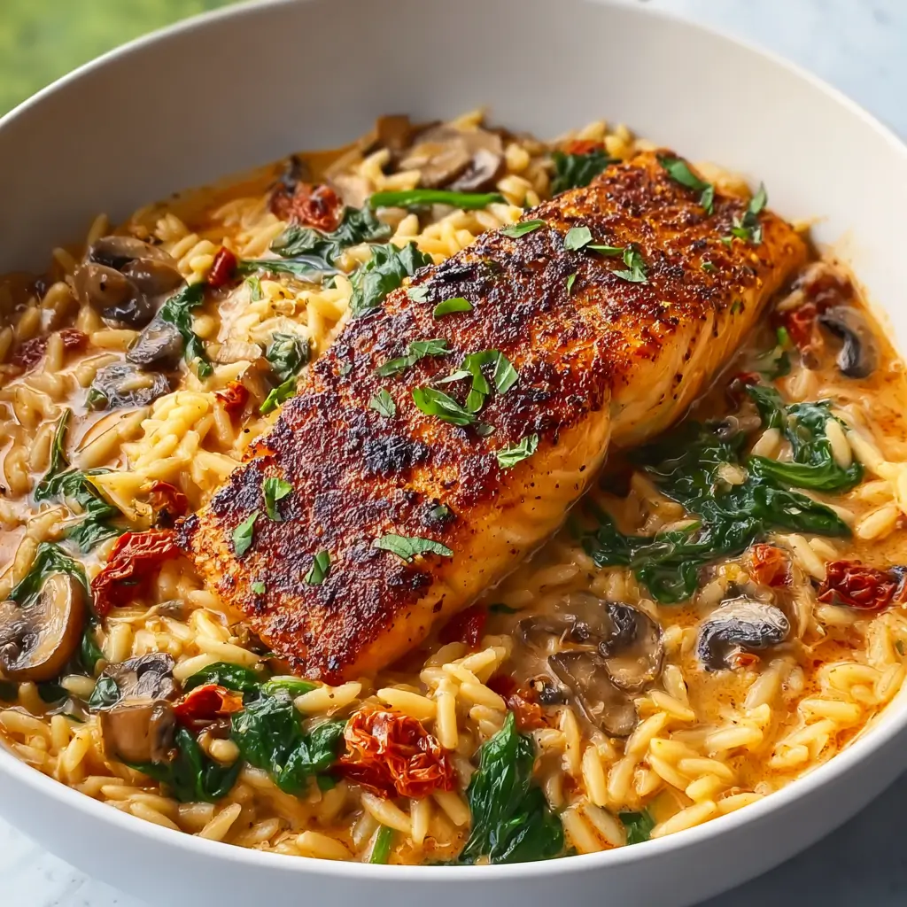 Seared salmon over creamy Tuscan orzo with spinach, mushrooms, and sun-dried tomatoes
