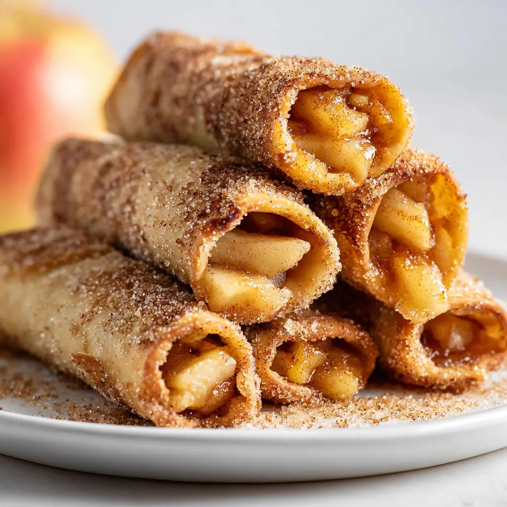 Tall stack of six cinnamon sugar apple pie taquitos oozing warm apple filling with apple backdrop
