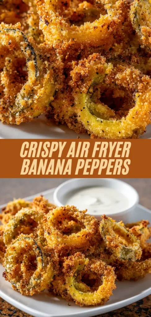 Vertical crispy air fryer banana peppers recipe stacked golden rings on plate with ranch dip bowl