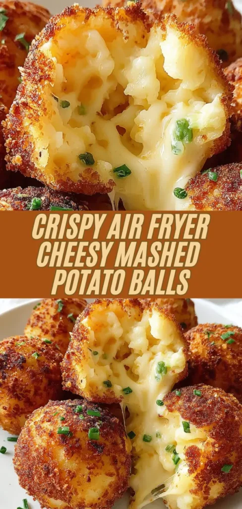 Golden crispy air-fried mashed potato balls filled with gooey melted cheese, one split open showing stretchy cheesy center and creamy potato, garnished with fresh chopped chives