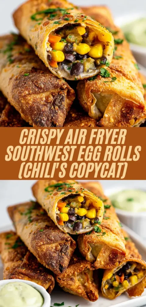 crispy southwest egg rolls sliced open showing corn bean filling with avocado dip, overlaid title text.