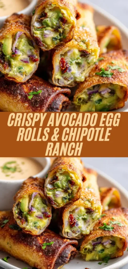 Tall pin graphic of stacked crispy avocado egg rolls with creamy fillings spilling out, chipotle ranch dip, overlaid text "Crispy Avocado Egg Rolls & Chipotle Ranch"