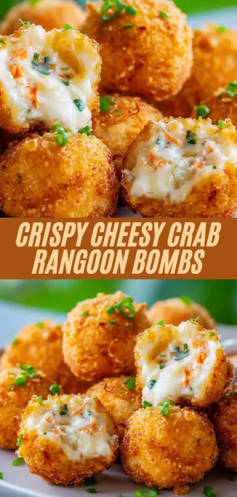 Crispy cheesy crab rangoon bombs with creamy crab filling, recipe text overlay