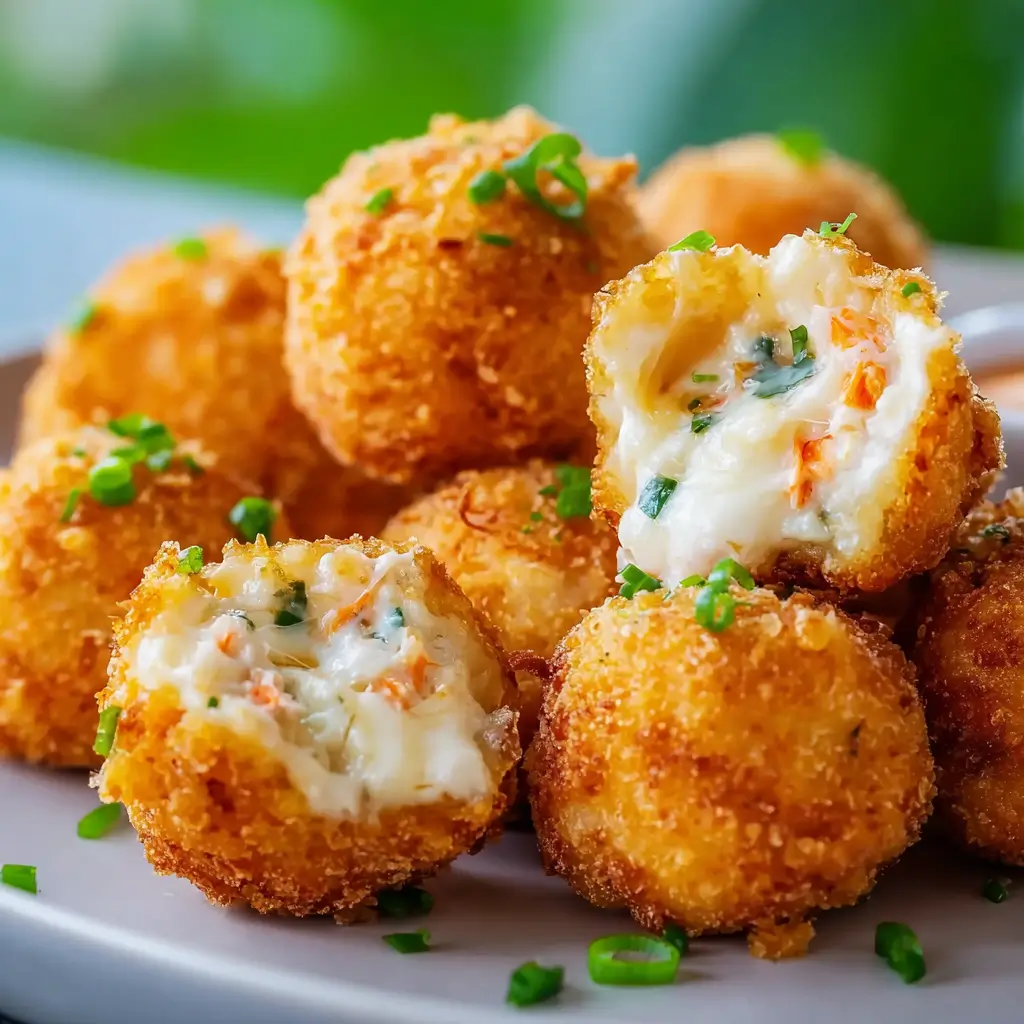 Crispy cheesy crab rangoon bombs with golden panko coating showing creamy cream cheese and crab filling, garnished with green onions