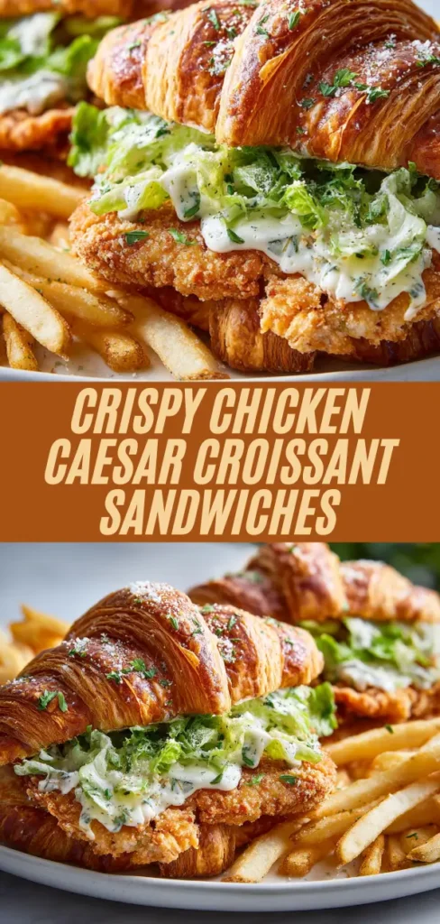 Crispy chicken caesar croissant sandwiches featuring fried chicken, caesar slaw, parmesan, and fries.