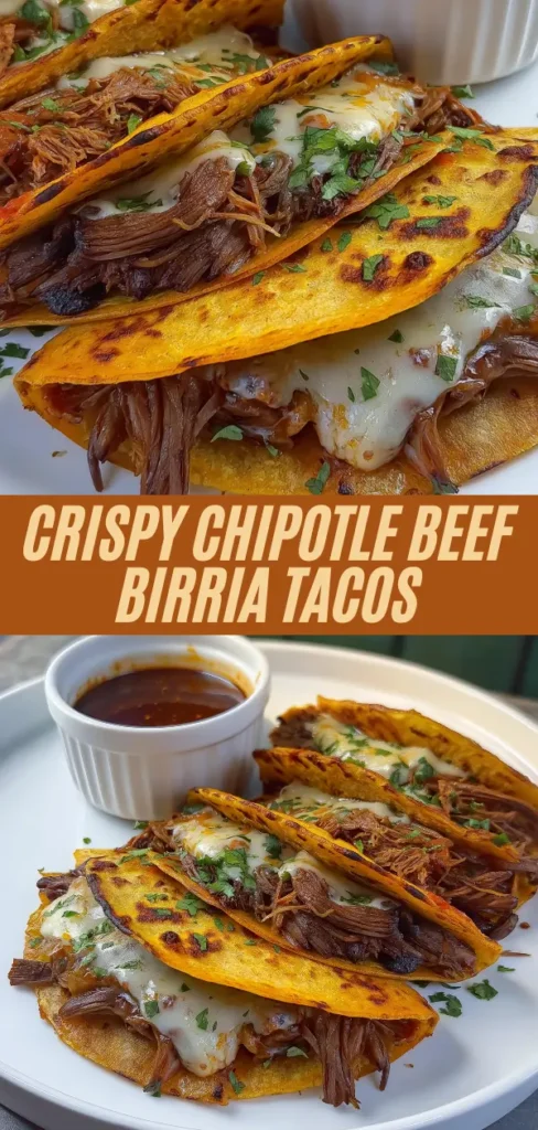 Crispy chipotle beef birria tacos stuffed with melted cheese and tender shredded beef alongside consome dipping sauce.