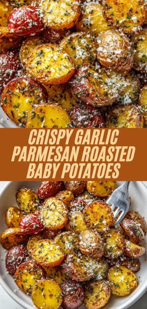 Crispy roasted baby potatoes tossed with garlic, parmesan cheese, and herbs, golden and crunchy