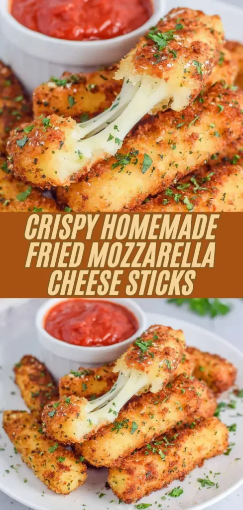 Pile of golden crispy fried mozzarella sticks fresh from the fryer, one pulled apart to show epic long cheese pulls, garnished with chopped parsley and served with a side of warm marinara sauce