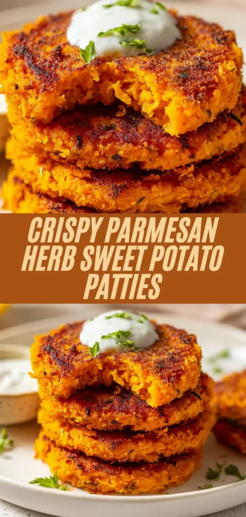 Crispy parmesan herb sweet potato patties stacked on a plate with a creamy topping