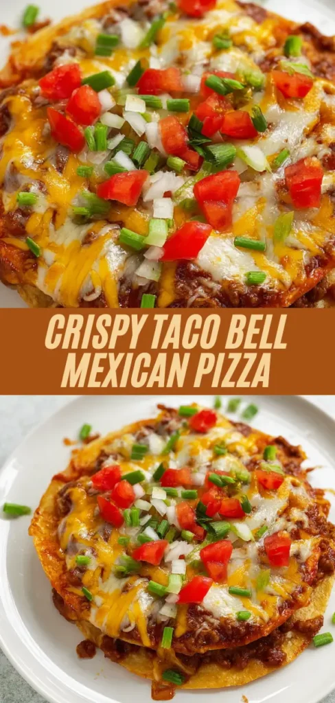 Tall Pinterest pin of crispy Taco Bell Mexican pizza: overhead full plate with toppings, angled stack view, sliced serving, bold text overlay "Crispy Taco Bell Mexican Pizza"