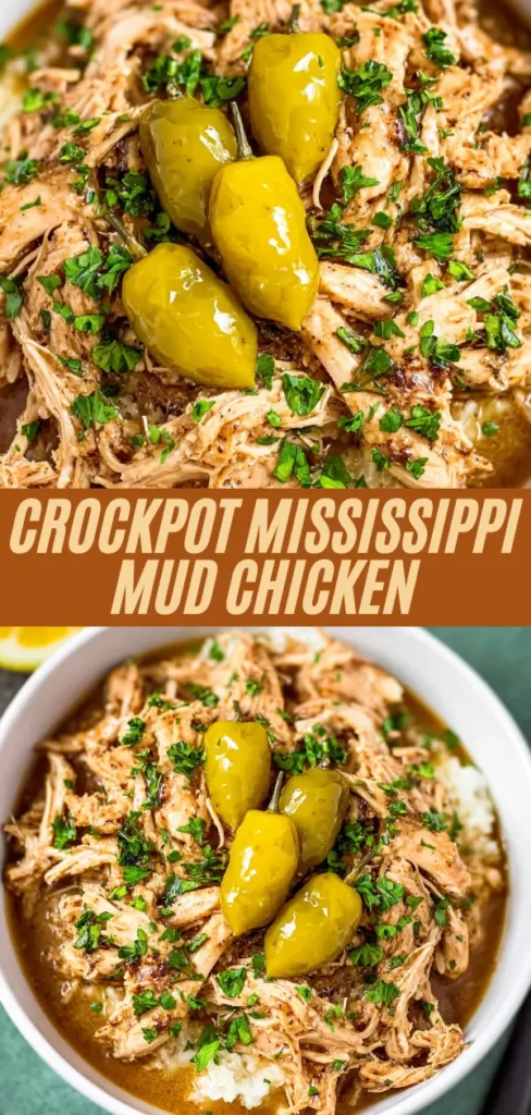 Crockpot Mississippi mud chicken recipe collage showing close-up and bowl view of shredded chicken with pepperoncini, gravy, parsley over rice