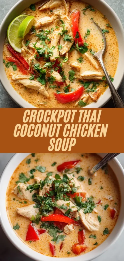 Crockpot Thai coconut chicken soup with shredded chicken, red peppers, cilantro, lime in bowls