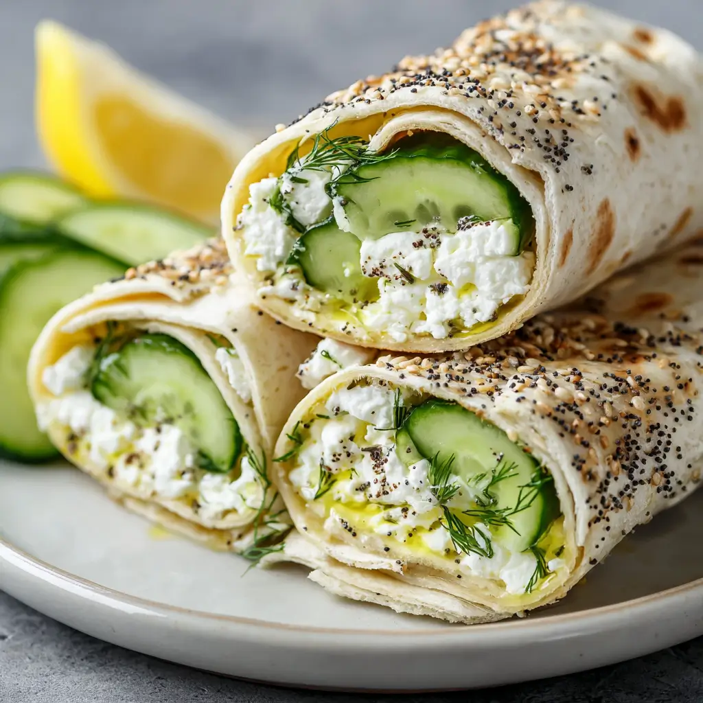 Cucumber and cottage cheese wraps with fresh dill and everything seasoning on a plate