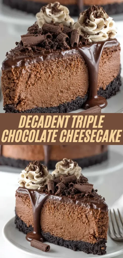 Vertical Pinterest pin of triple chocolate cheesecake: dramatic slice with ganache rivers, full cake, close-up details, whipped cream chocolate bark; brown text overlay "Decadent Triple Chocolate Cheesecake"
