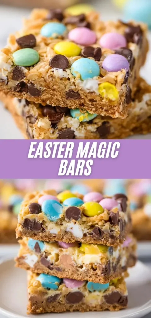 Stacked Easter magic bars with pastel candy eggs, chocolate chips, coconut, and graham cracker crust