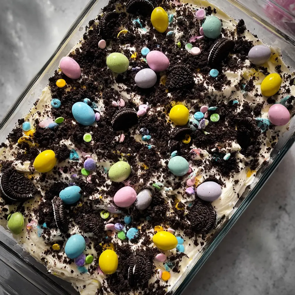 Overhead full dish of Easter dirt cake casserole: Oreo dirt layers, creamy filling, topped with pastel M&M eggs, Peeps chicks, sprinkles, candy