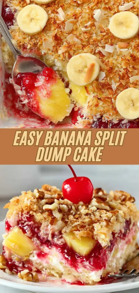 Vertical pin-style image of banana split dump cake showing baking dish with coconut banana topping and spoon serving cherry pineapple layers, plus plated slice with nuts and cherry.