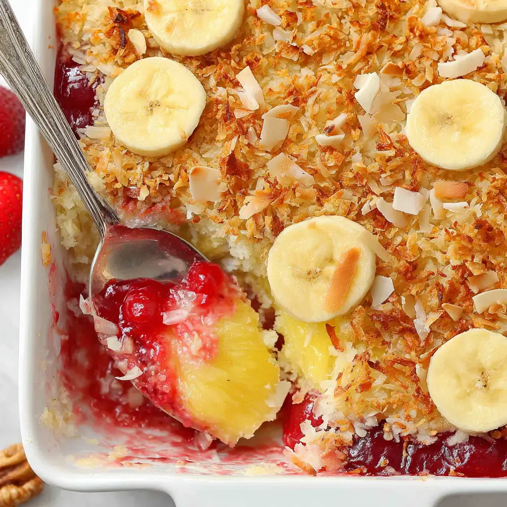 Square baking dish of banana split dump cake topped with toasted coconut, banana slices, pecans, and strawberries, served with a spoon scooping out a portion revealing cherry and pineapple layers underneath.