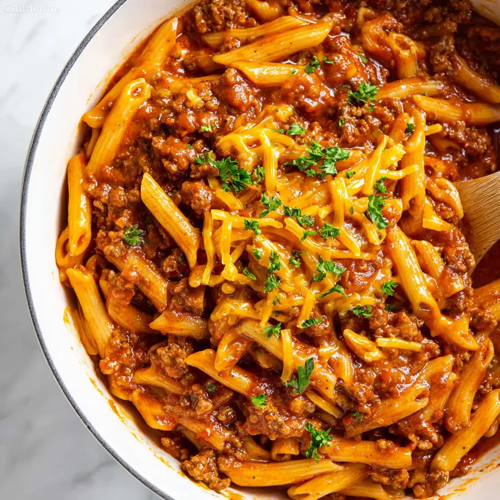 Pot filled with penne pasta in hearty sloppy joe ground beef sauce, topped with shredded cheddar cheese and parsley, wooden spoon ready to serve.