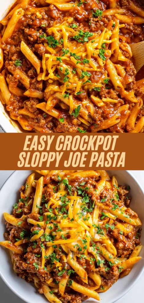 crockpot sloppy joe pasta in pot and bowl, topped with cheese and parsley, overlaid bold title text.