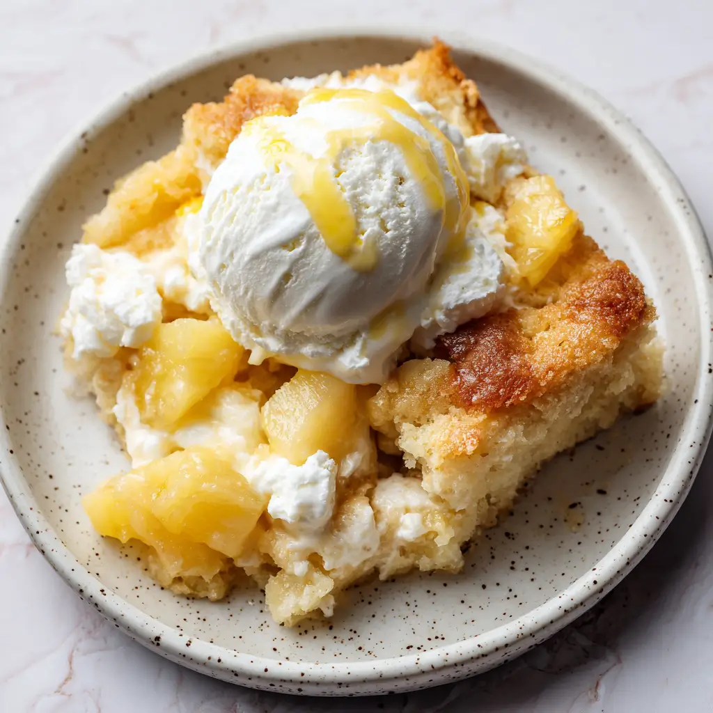 Serving of pineapple cream cheese cobbler on small plate topped with vanilla ice cream melting into caramel sauce