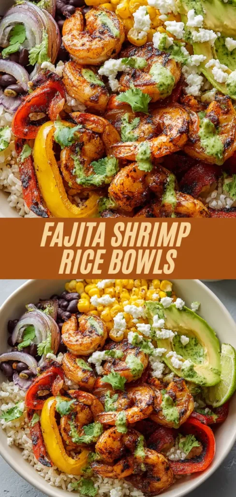 Fajita shrimp rice bowls recipe collage showing close-up and overhead view of seasoned shrimp, bell peppers, rice, black beans, corn, avocado, cotija cheese, and cilantro lime drizzle