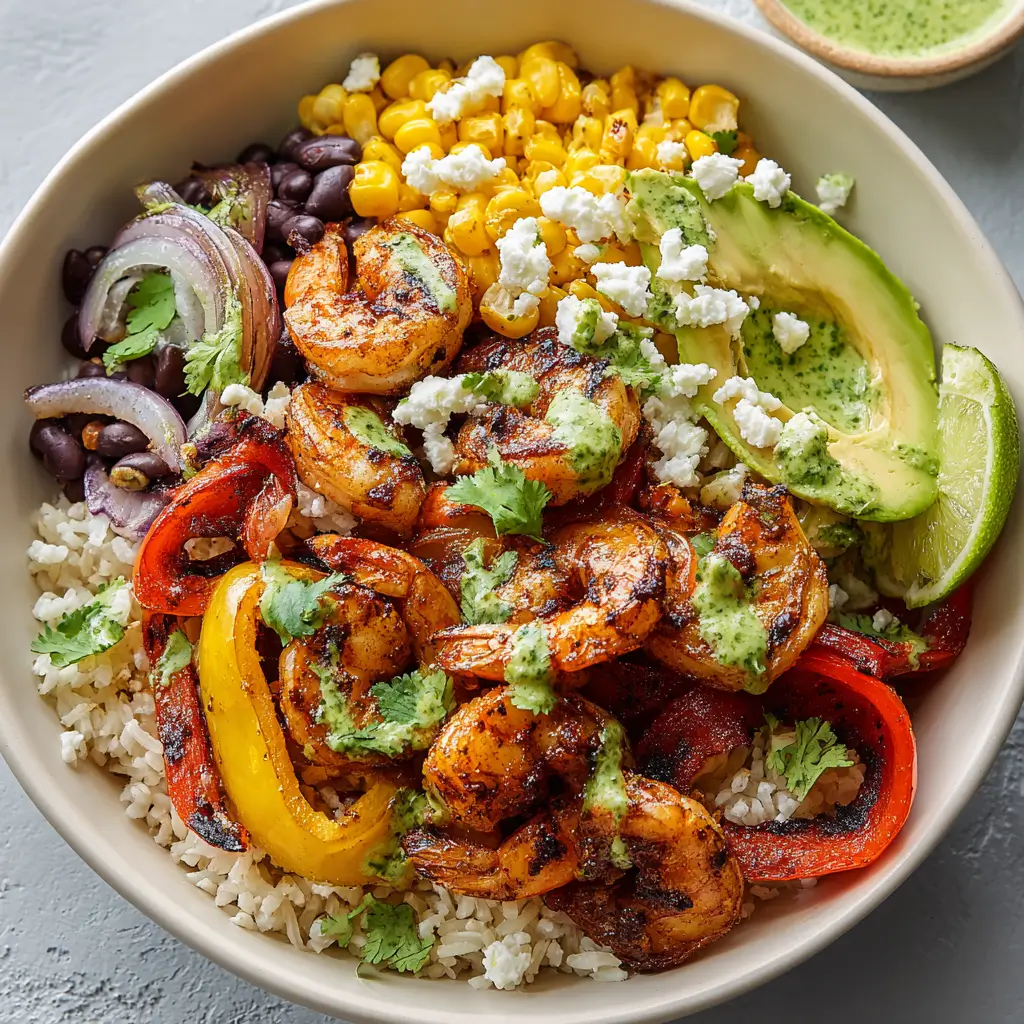 Fajita shrimp rice bowl with seasoned shrimp, sautéed bell peppers, white rice, black beans, charred corn, avocado, crumbled cotija cheese, and cilantro lime drizzle