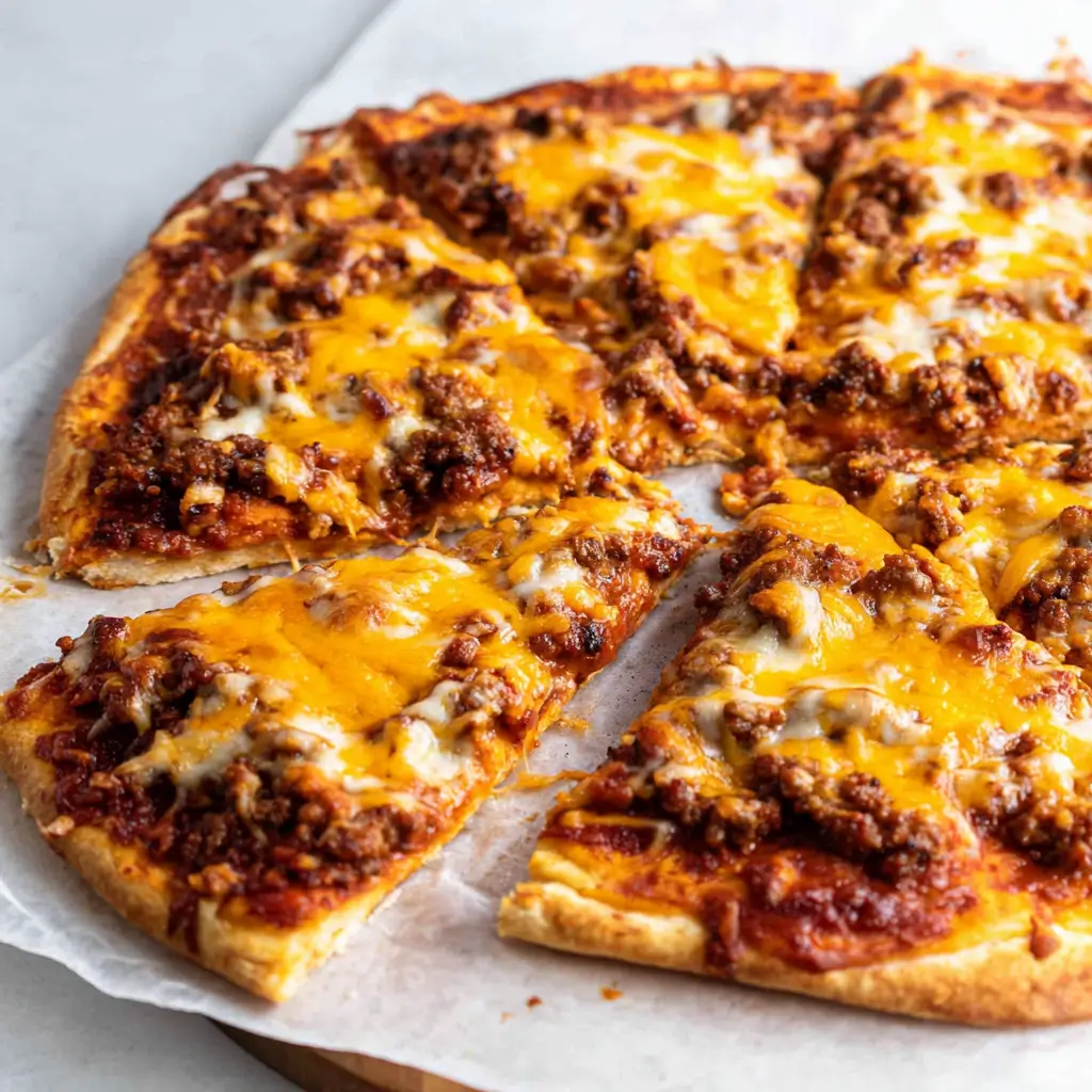 Freshly baked taco pizza on parchment paper with golden crust, rich red sauce, seasoned ground beef crumbles, and bubbly melted cheddar cheese, sliced into generous pieces