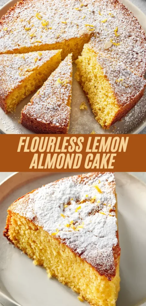 Flourless lemon almond cake dusted with powdered sugar, sliced to reveal tender golden crumb, topped with fresh lemon zest and almond slices