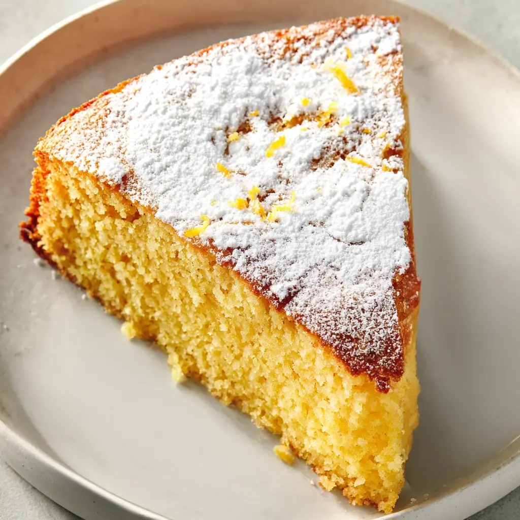 Slice of moist lemon cake on a plate, generously dusted with powdered sugar and sprinkled with fresh lemon zest, showing tender golden crumb