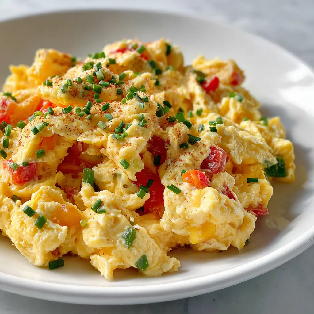 Close-up texture of fluffy scrambled eggs mixed with diced bell peppers and chives, sprinkled with black pepper on white plate.