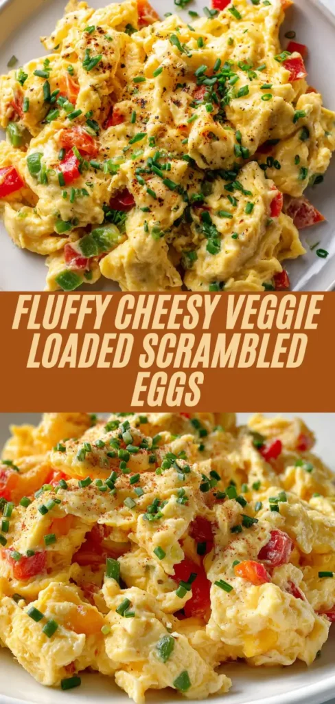 fluffy scrambled eggs loaded with colorful bell peppers and chives on plate, overlaid title text.