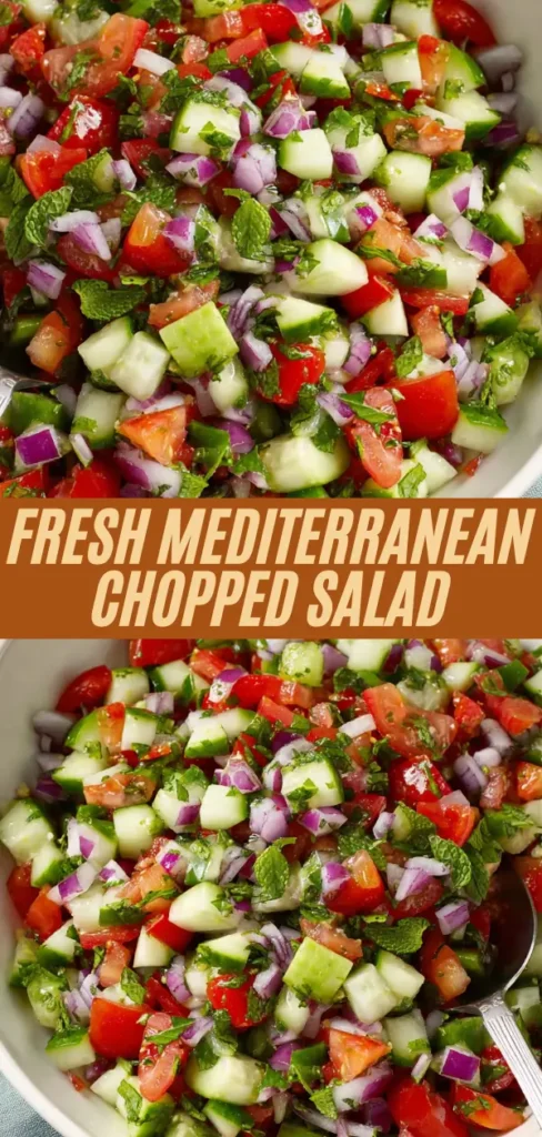 Fresh Mediterranean chopped salad recipe collage showing close-up and bowl view of diced cucumbers, tomatoes, red onions, parsley, and mint