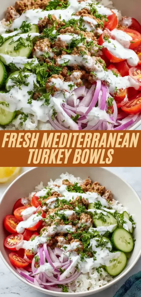 Fresh Mediterranean turkey bowls recipe collage showing close-up and full view of rice bowl with seasoned turkey, cucumbers, tomatoes, red onions, tzatziki, and parsley