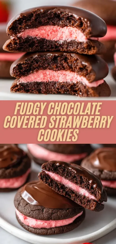 stacked fudgy chocolate covered strawberry cookies showing pink strawberry cream layers, surrounded by more cookies on a plate with fresh strawberries and overlaid title text.