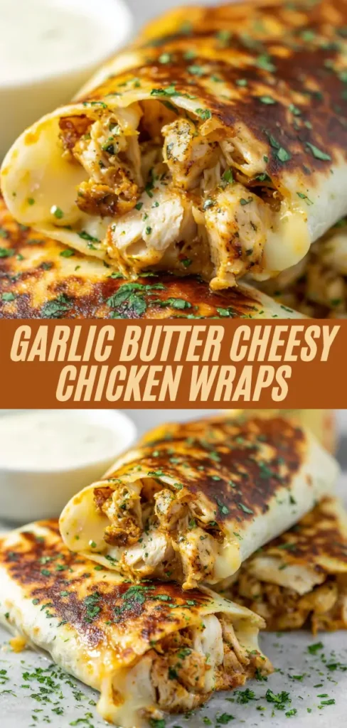 Garlic butter cheesy chicken wraps recipe collage showing crispy golden tortillas cut open revealing melted cheese and seasoned chicken, garnished with parsley