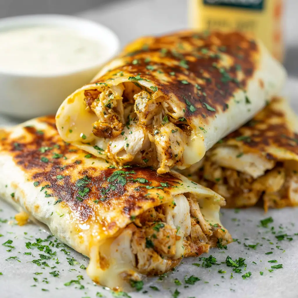 Garlic butter cheesy chicken wraps with golden crispy exterior showing melted cheese and seasoned shredded chicken filling, garnished with fresh parsley