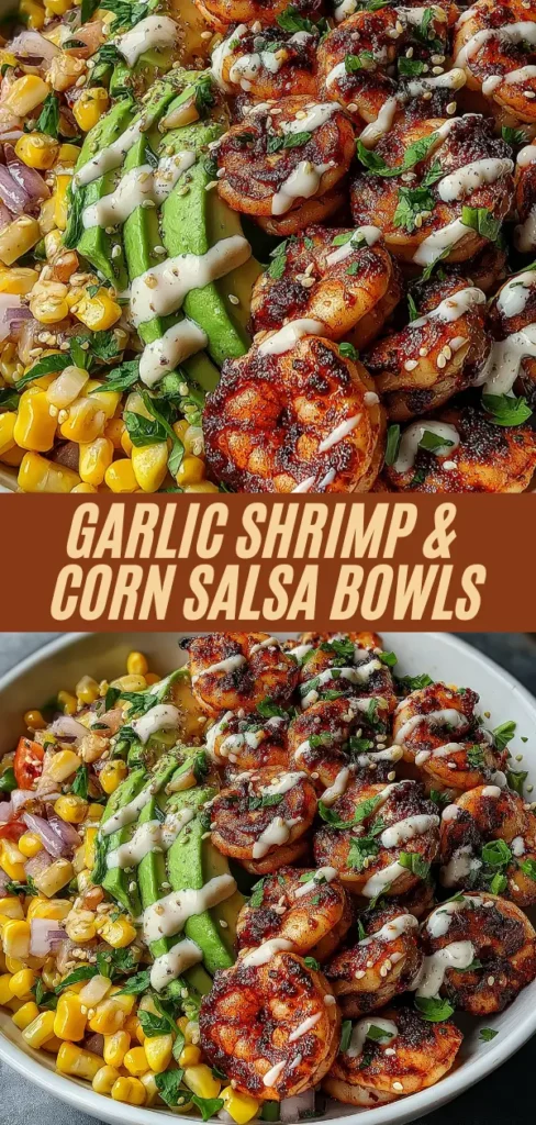 Two-photo collage of garlic shrimp and corn salsa bowls with blackened shrimp, avocado, sweet corn, cherry tomatoes, red onion, cilantro, and creamy drizzle with bold recipe title text overlay
