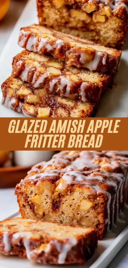 Amish apple fritter bread loaf and slices showing apple chunks and glaze, overlaid with bold title text and fresh apples.