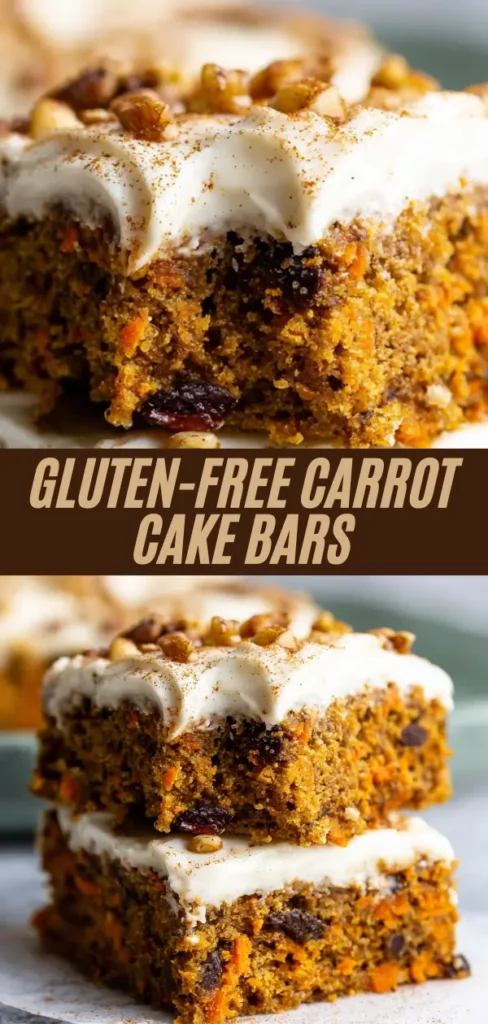 Tall Pinterest pin of gluten-free carrot cake bars: stacked bars revealing moist interior with raisins, thick cream cheese frosting, nuts; plated views; bold text overlay "Gluten-Free Carrot Cake Bars"