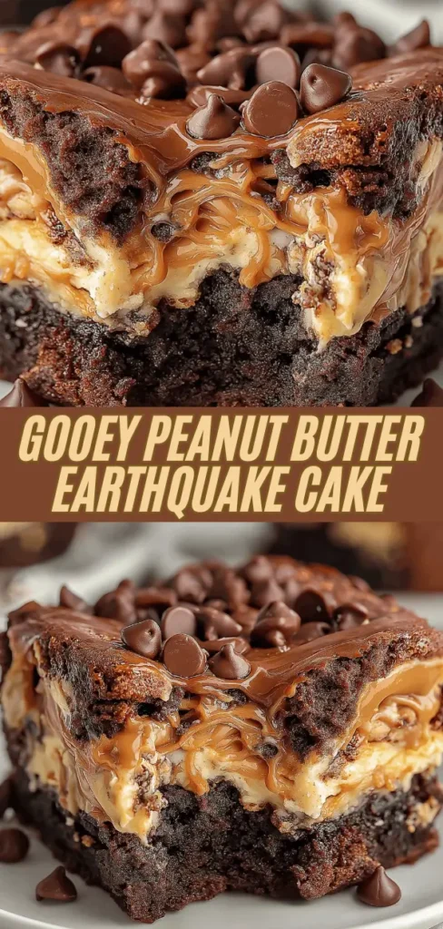 Vertical collage of gooey peanut butter earthquake cake showing layers of chocolate brownie, peanut butter cheesecake swirls, chocolate chips, and a bite taken from a slice.