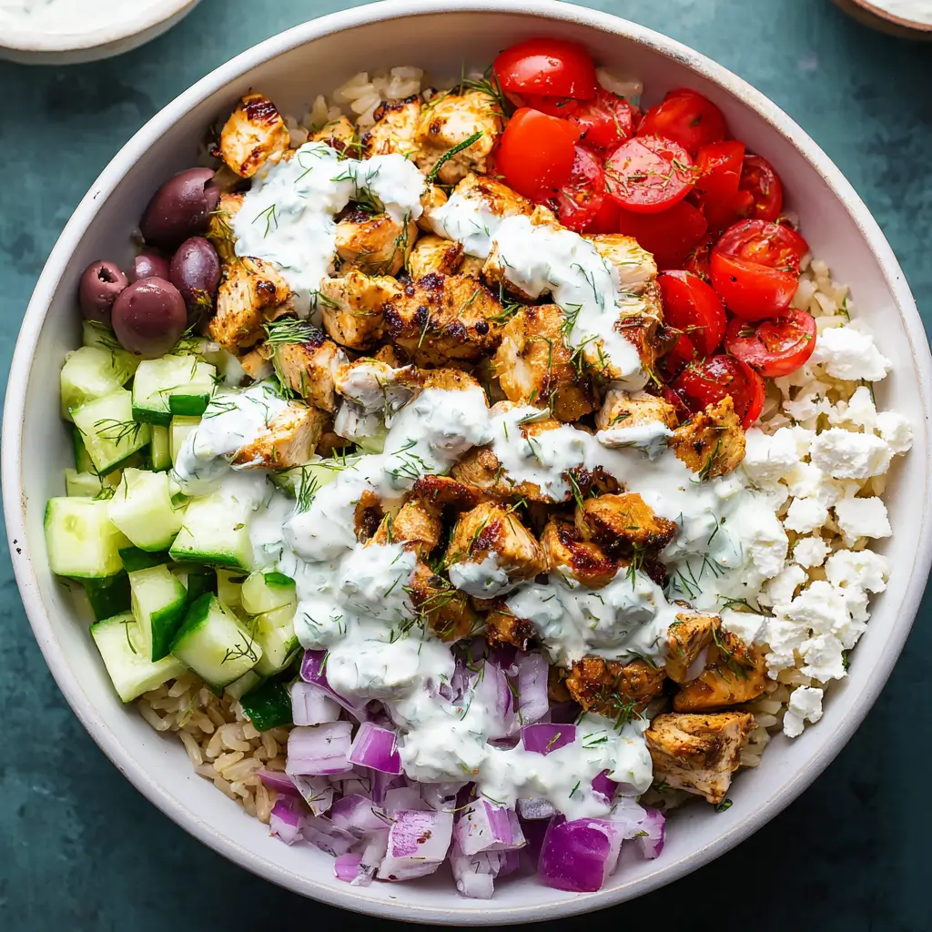 Greek chicken gyro bowl with seasoned chicken, brown rice, cucumbers, cherry tomatoes, Kalamata olives, feta cheese, red onions, and tzatziki sauce with fresh dill