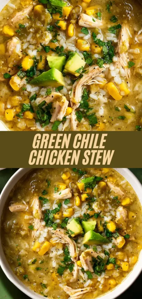 Green chile chicken stew recipe collage showing close-up bowls of hearty soup with shredded chicken, rice, corn, green chiles, avocado, and cilantro