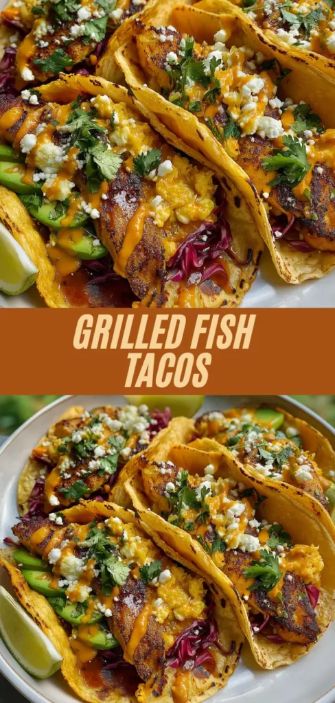 Vertical Pinterest pin of grilled fish tacos topped with crema, cotija, cabbage, avocado, lime, overlaid text "Grilled Fish Tacos" with multiple angles of plated tacos
